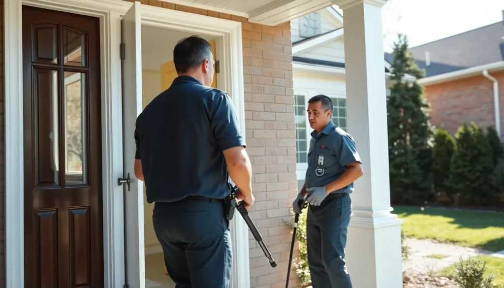 Homeowner greeting pest control technician at suburban home