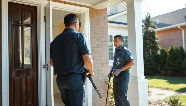 Homeowner greeting pest control technician at suburban home