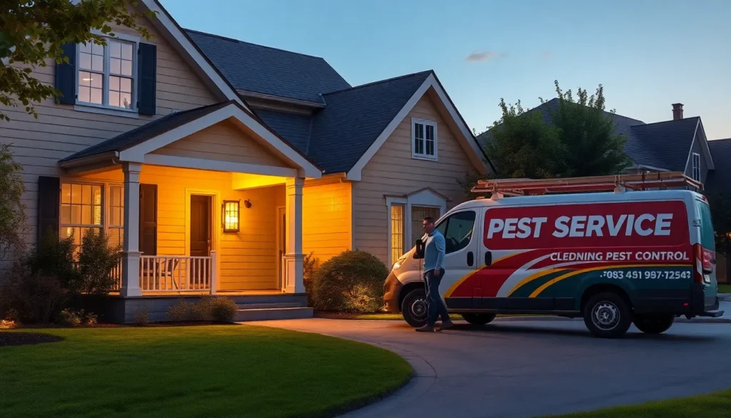 Pest control van outside suburban home in evening