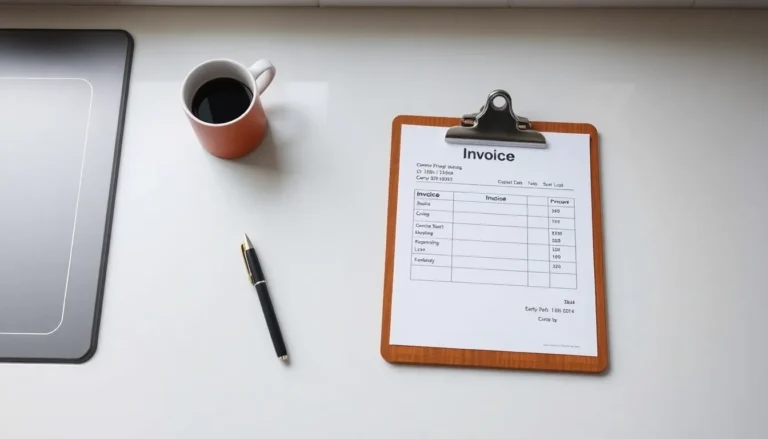 Invoice on clipboard with coffee mug and pen on kitchen counter