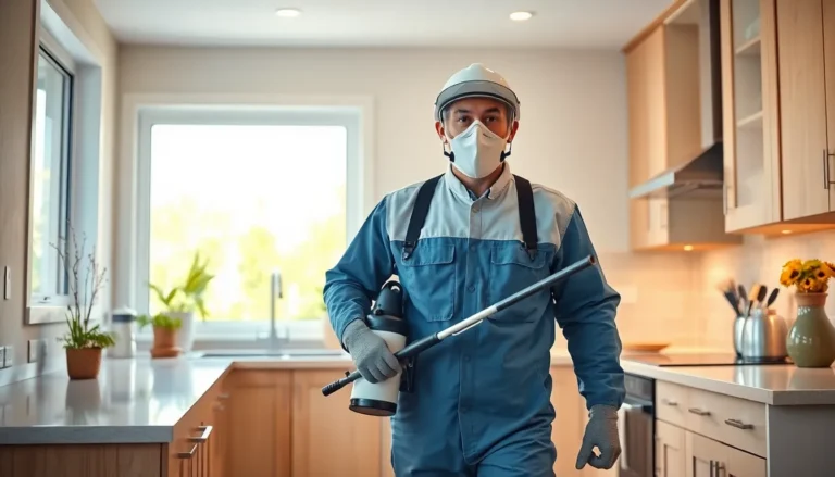 Professional pest control technician with sprayer in kitchen