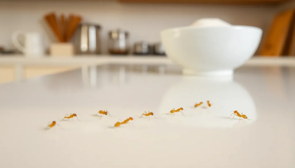 Tiny yellow pharaoh ants trailing on white kitchen countertop