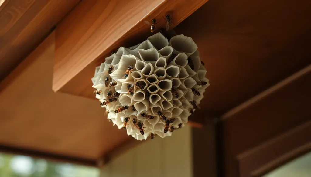 Paper wasp nest with wasps under wooden eave of house