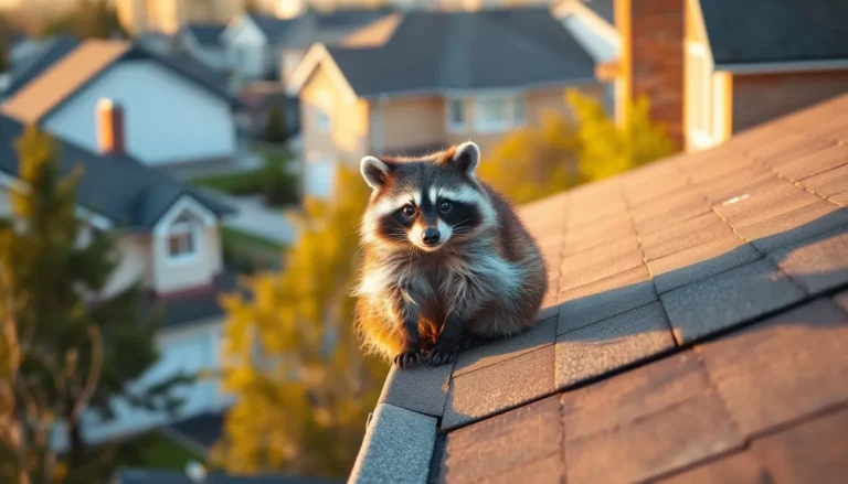 Raccoon sitting on roof gutter of suburban home